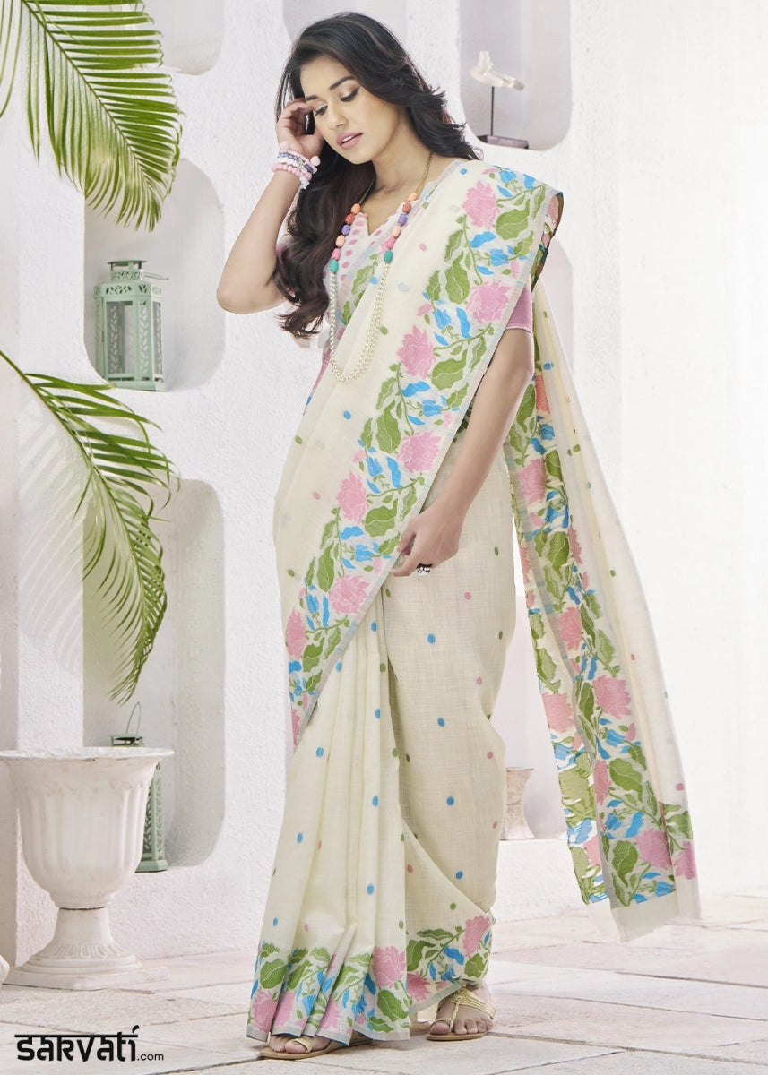Rice White Linen Silk Saree with Delicate Floral Designs - House of Sarvati LLC