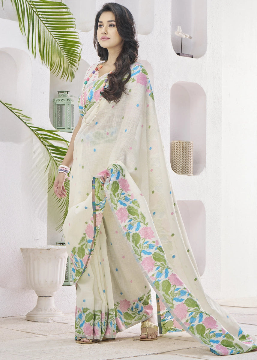 Rice White Linen Silk Saree with Delicate Floral Designs - House of Sarvati LLC