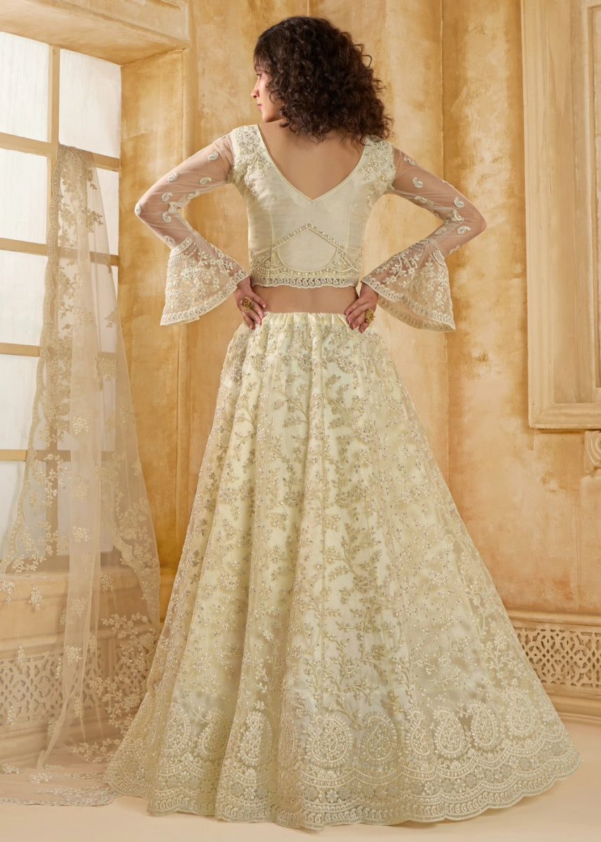 Rice White Net Lehenga Choli with Handcrafted Cording, Thread, and Stone Work - House of Sarvati LLC