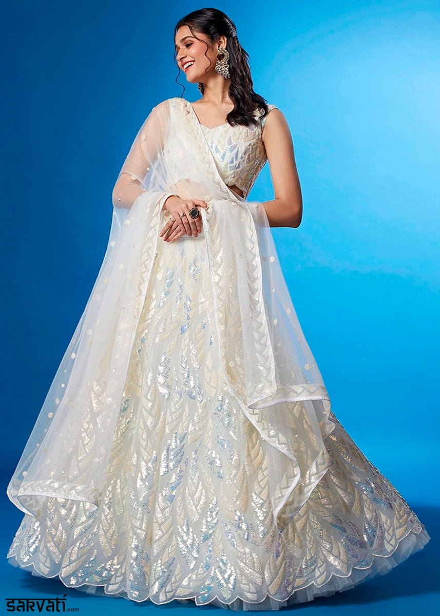 Rice White Net Lehenga with All - Over Sequins – Glam Look for Bridesmaids - House of Sarvati LLC
