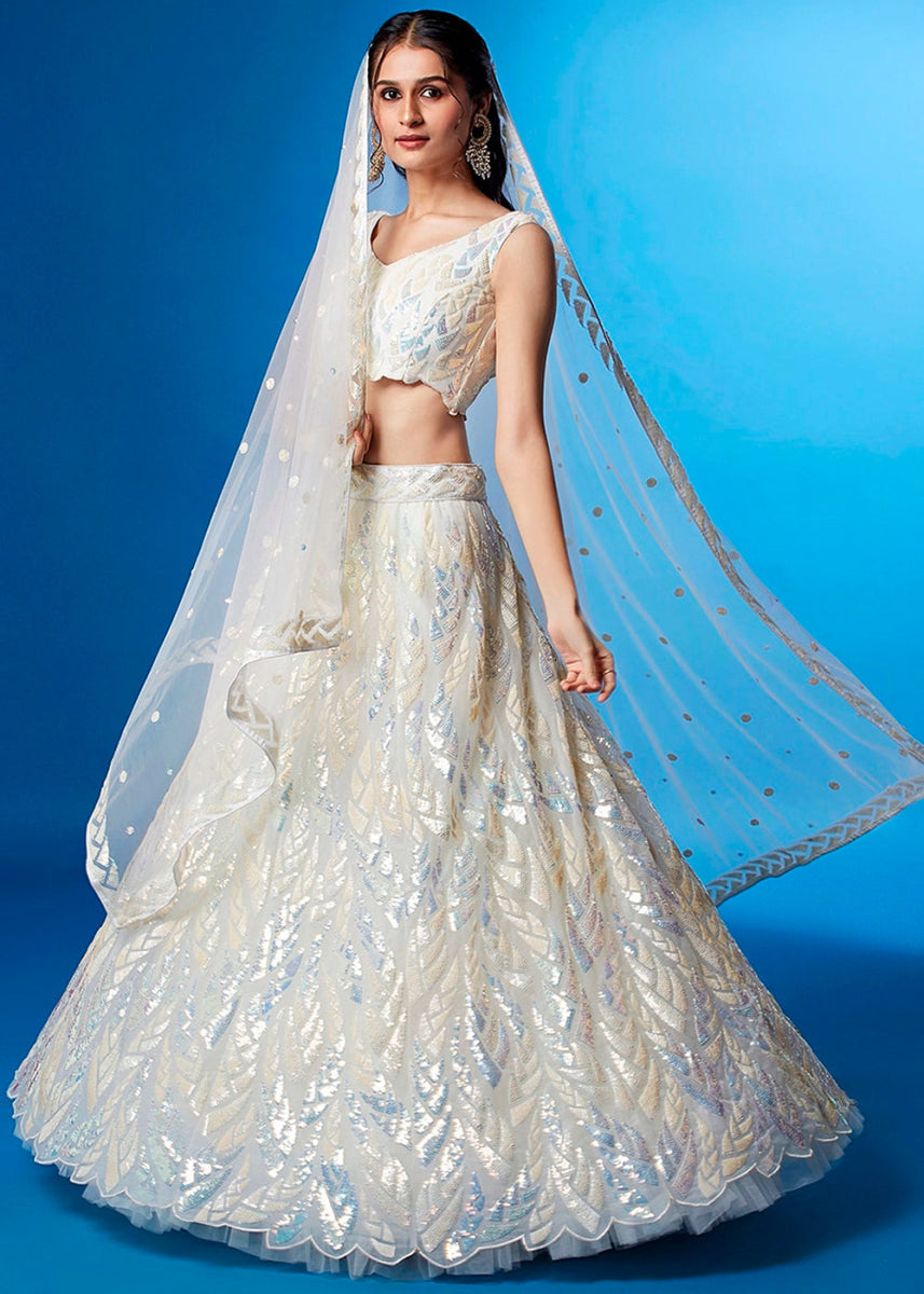 Rice White Net Lehenga with All - Over Sequins – Glam Look for Bridesmaids - House of Sarvati LLC