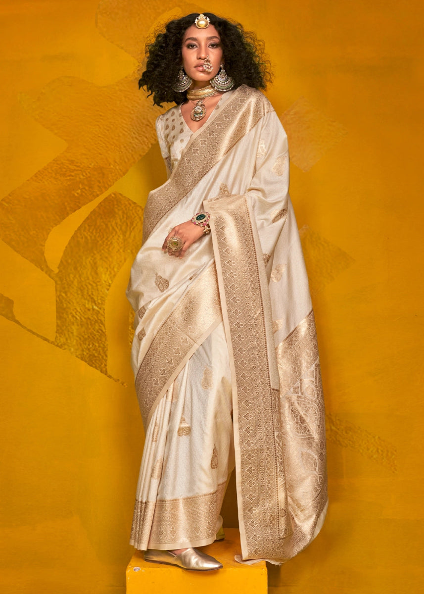 Rice White Silk Saree Handwoven with Brocade Blouse - House of Sarvati LLC
