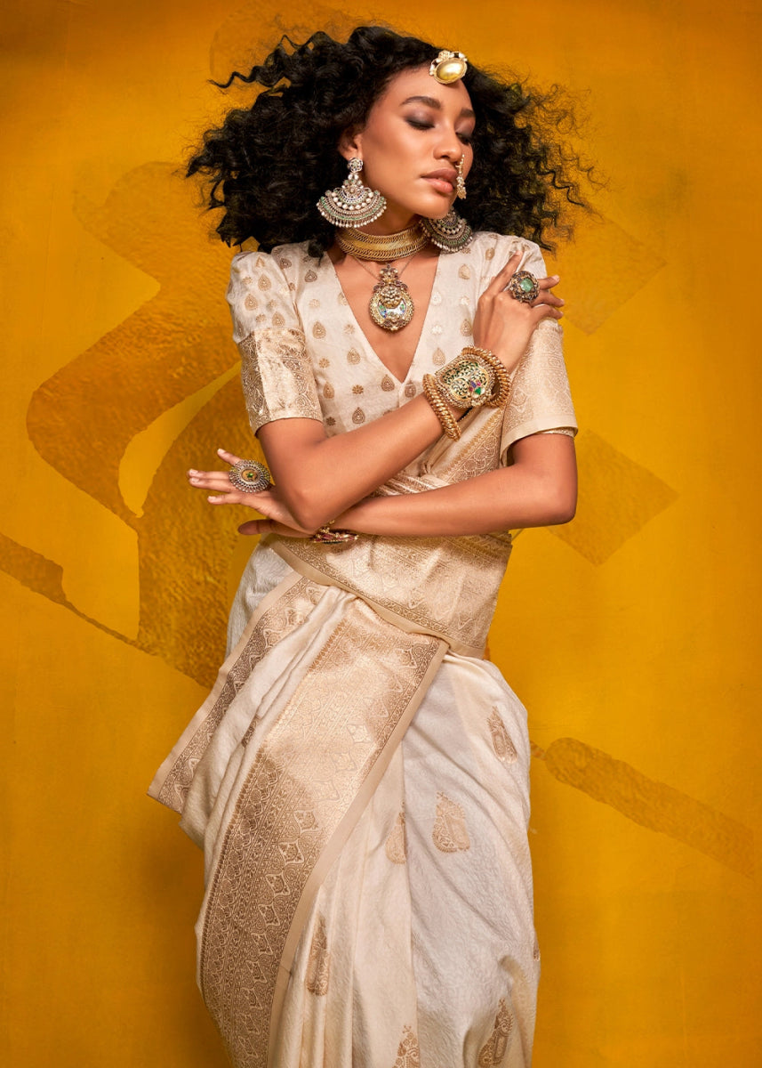 Rice White Silk Saree Handwoven with Brocade Blouse - House of Sarvati LLC
