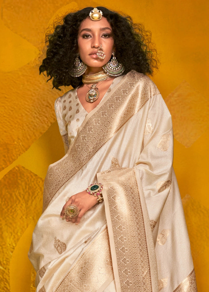 Rice White Silk Saree Handwoven with Brocade Blouse - House of Sarvati LLC
