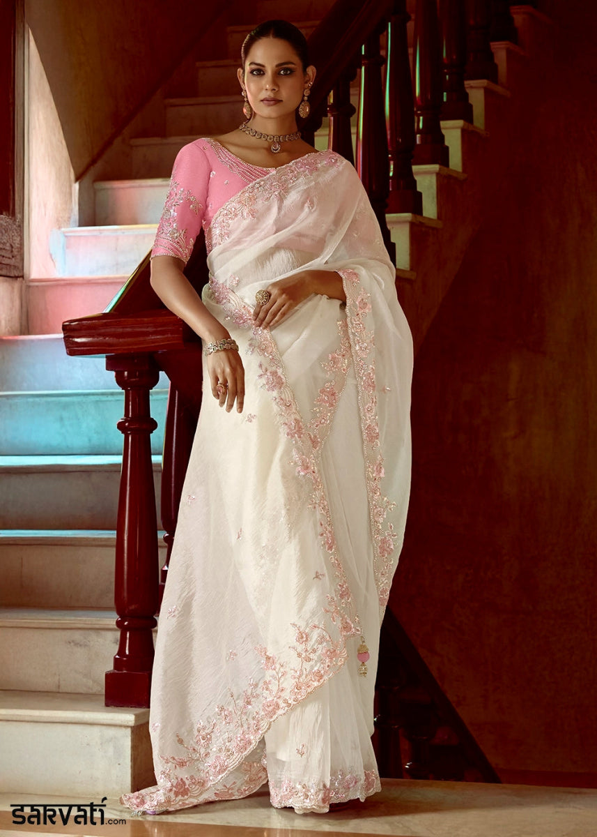 Rice White Tissue Silk Saree Beautified with Intricate Thread Embroidery And Sequin Accents - House of Sarvati LLC