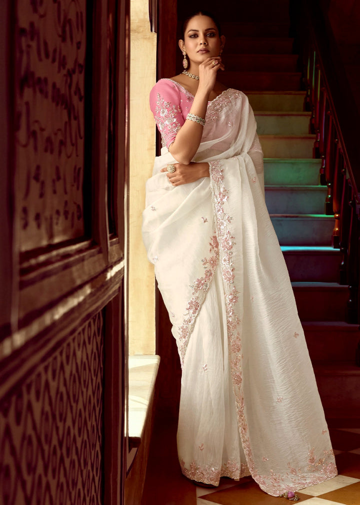 Rice White Tissue Silk Saree Beautified with Intricate Thread Embroidery And Sequin Accents - House of Sarvati LLC