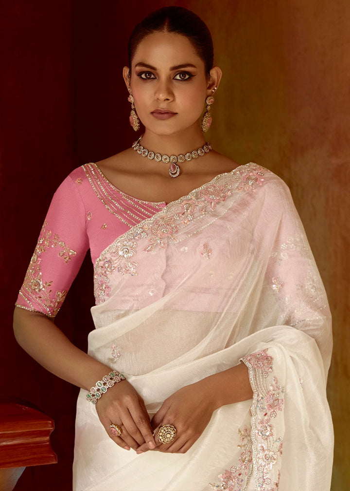 Rice White Tissue Silk Saree Beautified with Intricate Thread Embroidery And Sequin Accents - House of Sarvati LLC