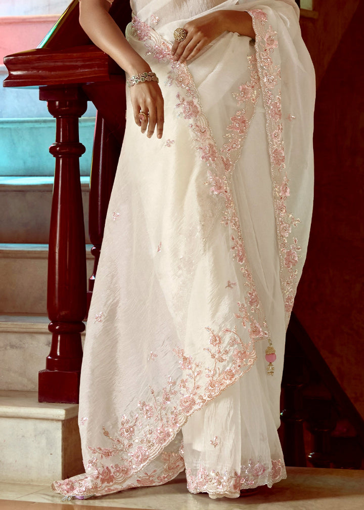 Rice White Tissue Silk Saree Beautified with Intricate Thread Embroidery And Sequin Accents - House of Sarvati LLC