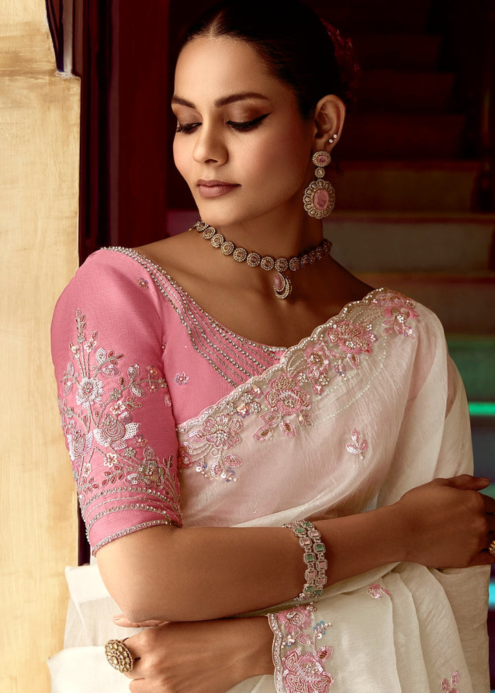 Rice White Tissue Silk Saree Beautified with Intricate Thread Embroidery And Sequin Accents - House of Sarvati LLC