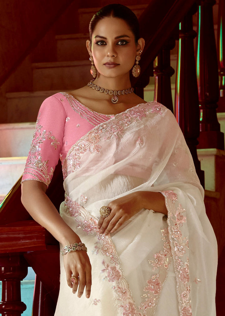 Rice White Tissue Silk Saree Beautified with Intricate Thread Embroidery And Sequin Accents - House of Sarvati LLC