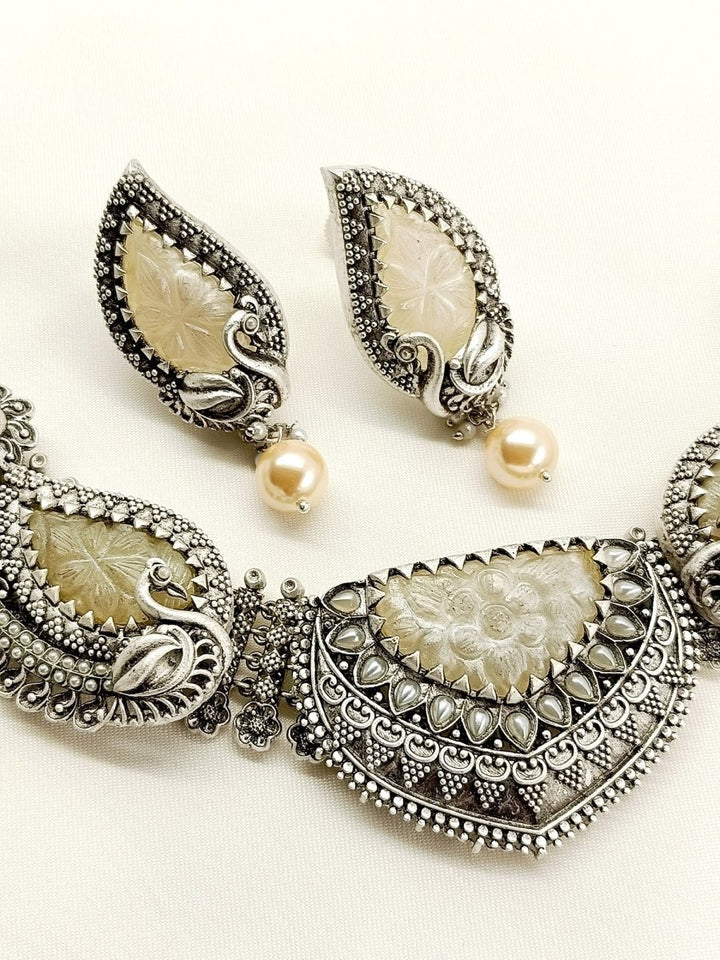 Riddhi Grey Peacock Oxidized Set - House of Sarvati LLC