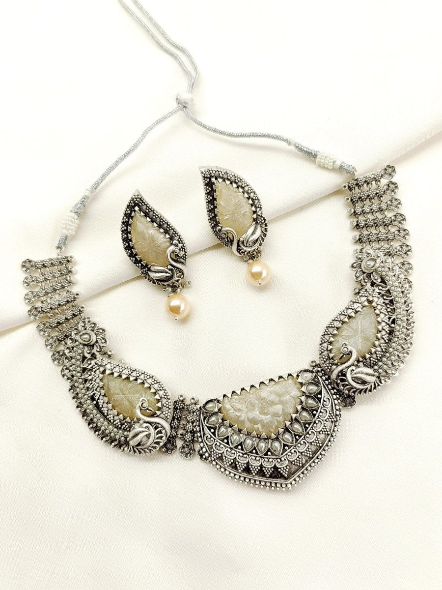 Riddhi Grey Peacock Oxidized Set - House of Sarvati LLC