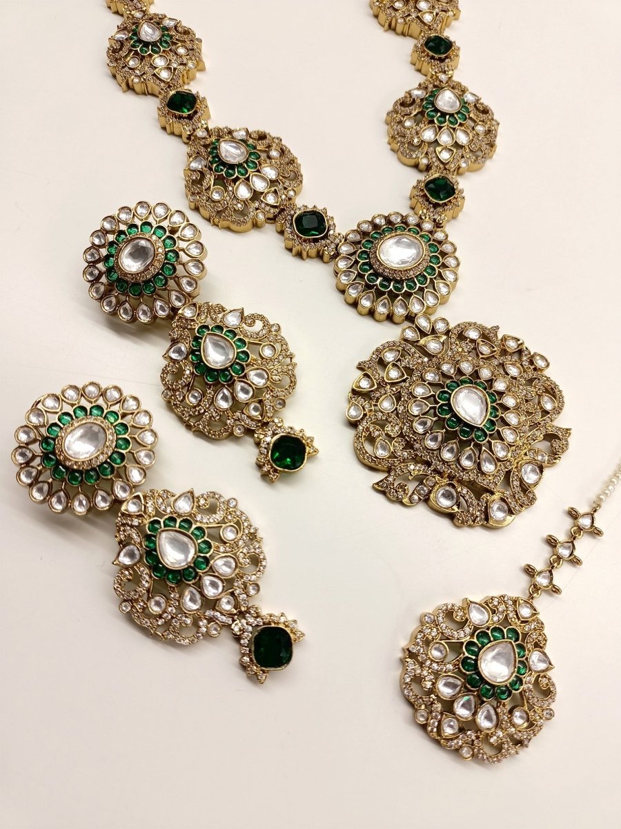 Roma Green Kundan Polki long Necklace Set - House of Sarvati LLC