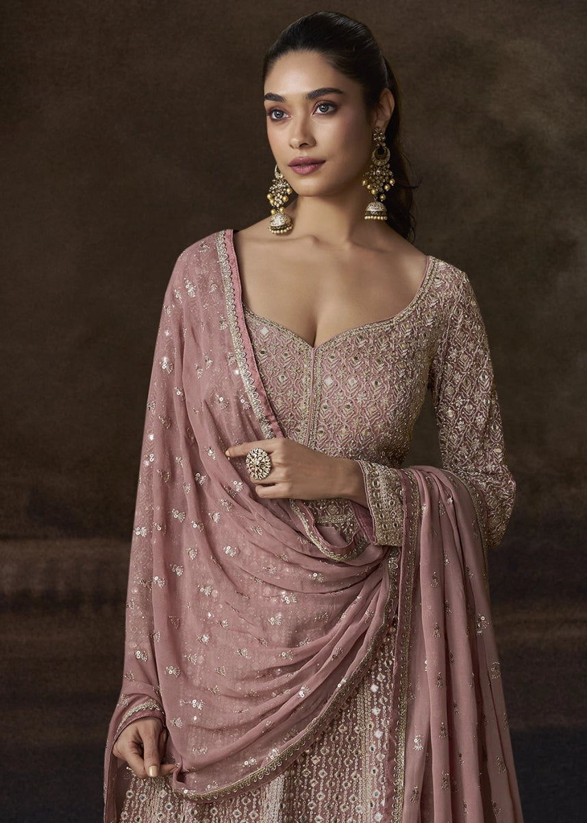 Rose Gold Pink Chinon Silk Anarkali Gown With Exquisite Heavy Embroidery And Flowy Silhouette - House of Sarvati LLC