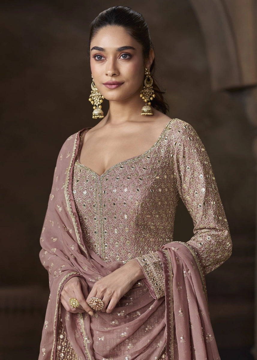Rose Gold Pink Chinon Silk Anarkali Gown With Exquisite Heavy Embroidery And Flowy Silhouette - House of Sarvati LLC