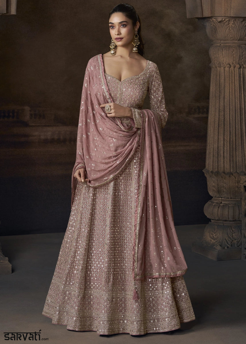 Rose Gold Pink Chinon Silk Anarkali Gown With Exquisite Heavy Embroidery And Flowy Silhouette - House of Sarvati LLC
