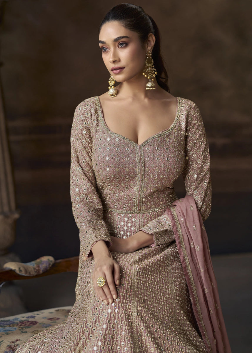 Rose Gold Pink Chinon Silk Anarkali Gown With Exquisite Heavy Embroidery And Flowy Silhouette - House of Sarvati LLC