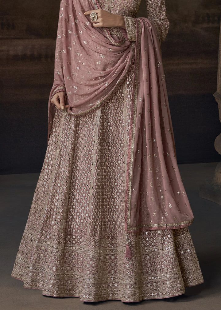 Rose Gold Pink Chinon Silk Anarkali Gown With Exquisite Heavy Embroidery And Flowy Silhouette - House of Sarvati LLC