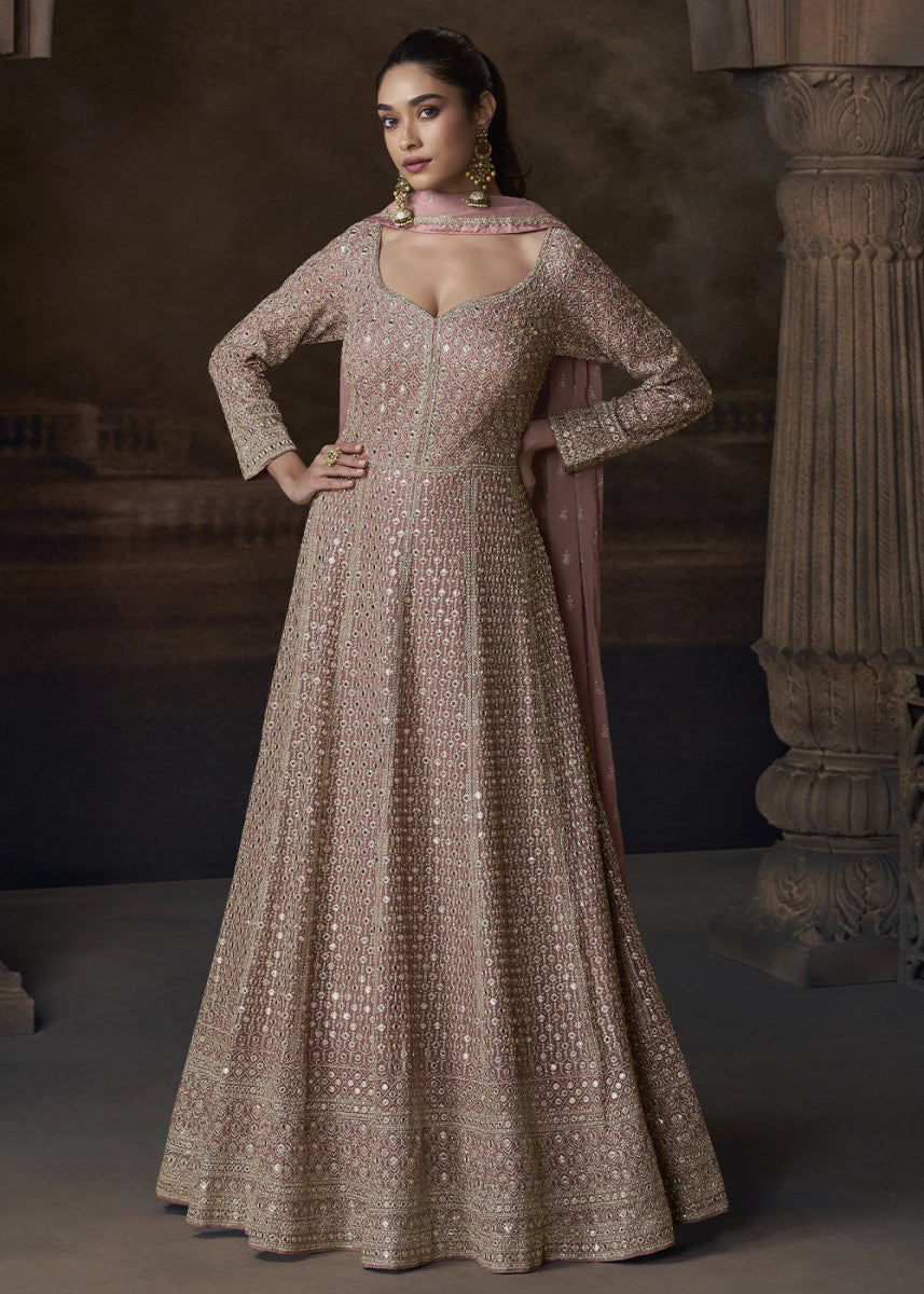 Rose Gold Pink Chinon Silk Anarkali Gown With Exquisite Heavy Embroidery And Flowy Silhouette - House of Sarvati LLC