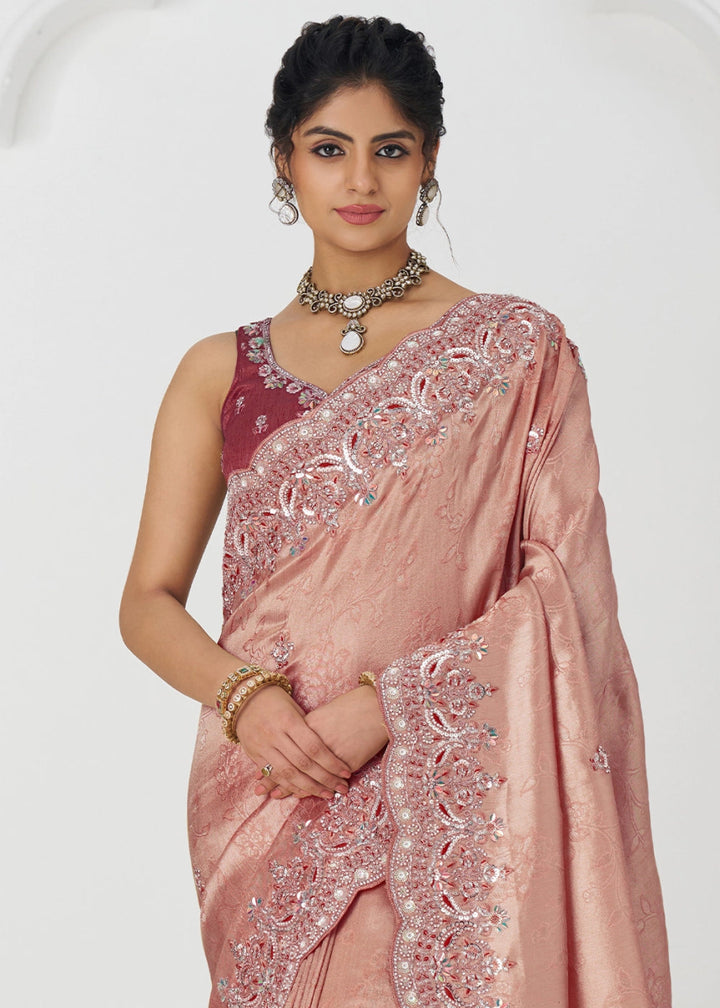 Rose Gold Pink Viscose Dola Silk Saree With Handcrafted Sequins And Beads Embellishments - House of Sarvati LLC