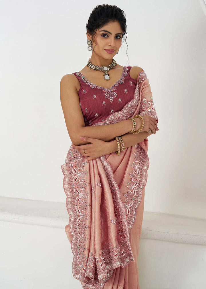 Rose Gold Pink Viscose Dola Silk Saree With Handcrafted Sequins And Beads Embellishments - House of Sarvati LLC
