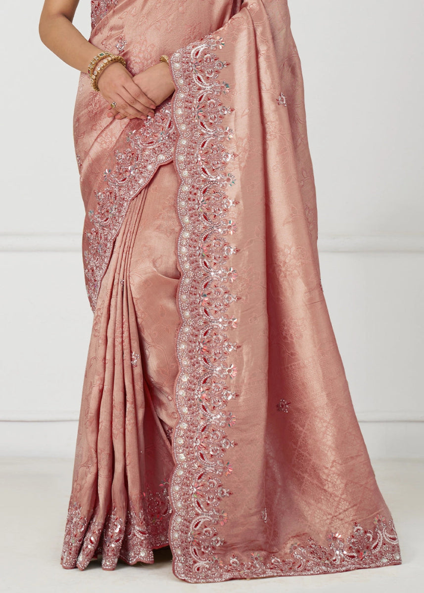 Rose Gold Pink Viscose Dola Silk Saree With Handcrafted Sequins And Beads Embellishments - House of Sarvati LLC