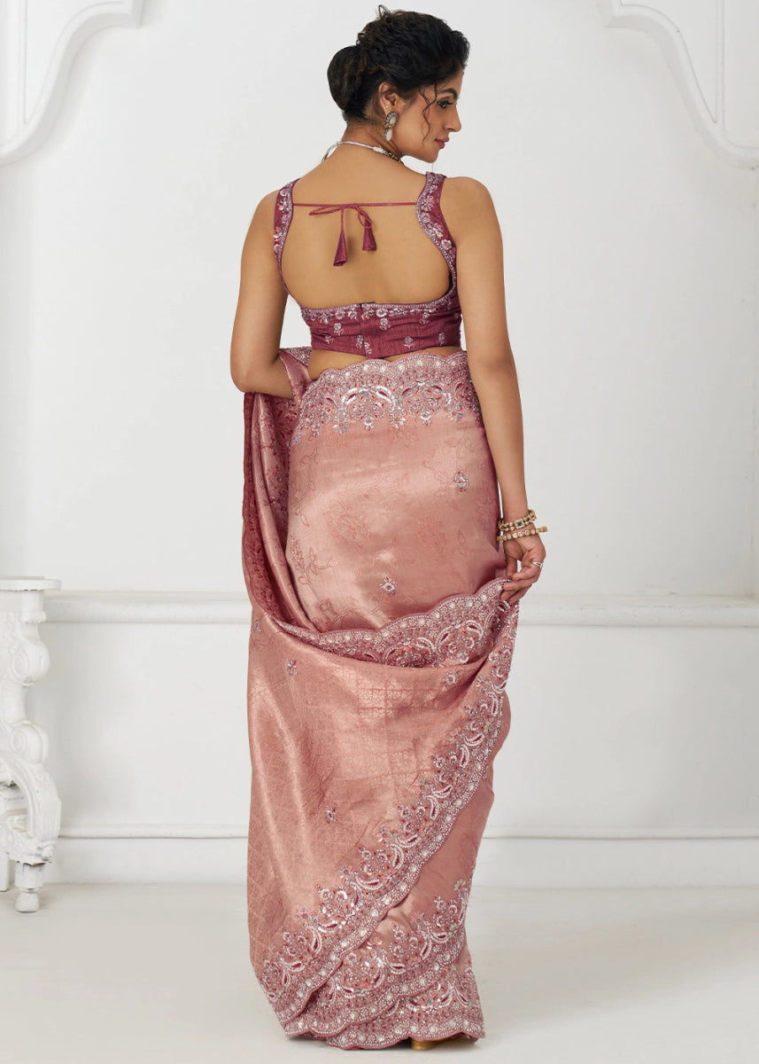 Rose Gold Pink Viscose Dola Silk Saree With Handcrafted Sequins And Beads Embellishments - House of Sarvati LLC