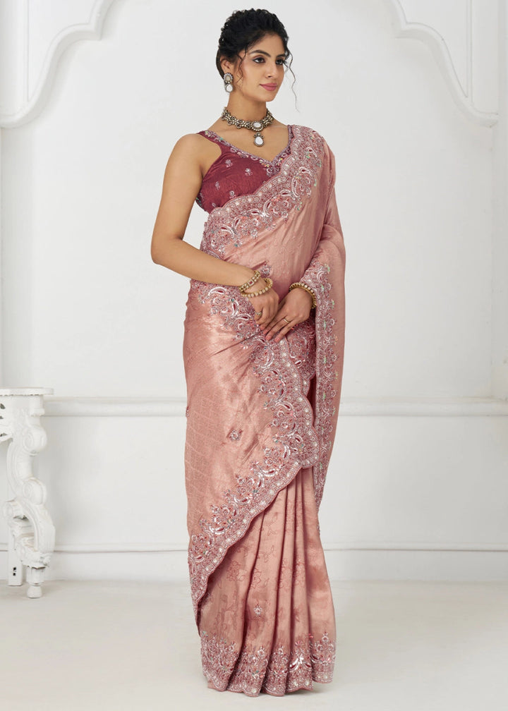 Rose Gold Pink Viscose Dola Silk Saree With Handcrafted Sequins And Beads Embellishments - House of Sarvati LLC