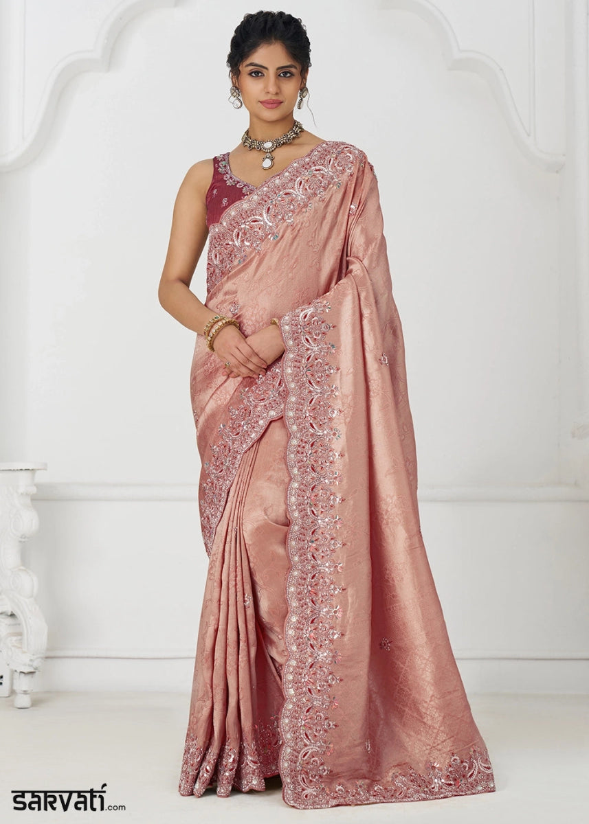 Rose Gold Pink Viscose Dola Silk Saree With Handcrafted Sequins And Beads Embellishments - House of Sarvati LLC