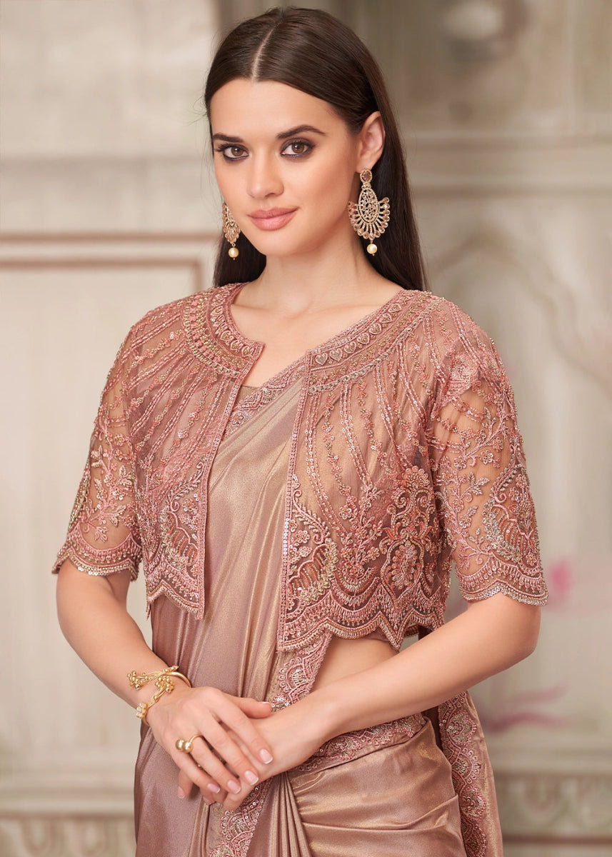 Rose Gold Shimmer Satin Silk Saree With Detailed Embroidery And Luxe Appeal - House of Sarvati LLC