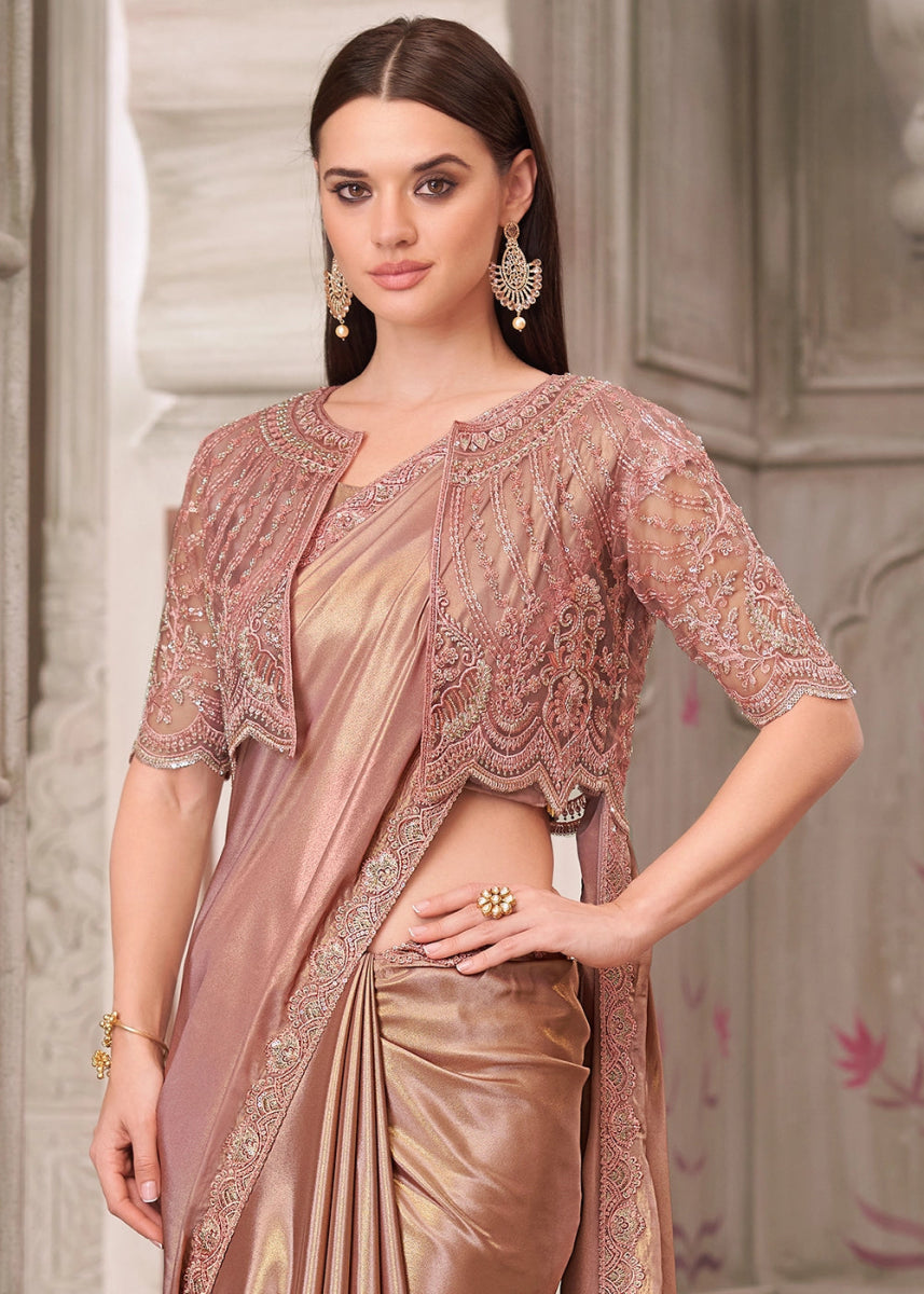 Rose Gold Shimmer Satin Silk Saree With Detailed Embroidery And Luxe Appeal - House of Sarvati LLC