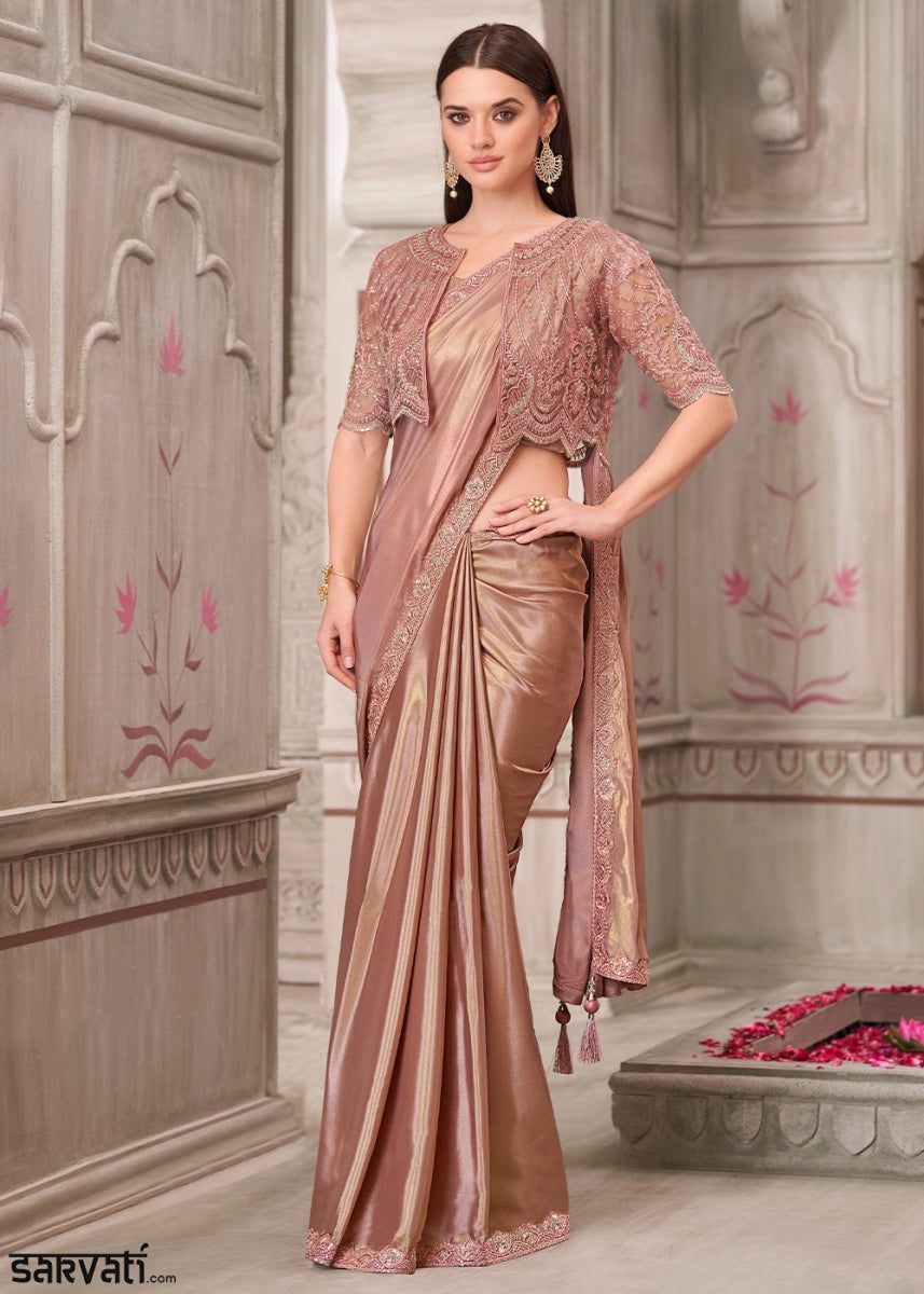 Rose Gold Shimmer Satin Silk Saree With Detailed Embroidery And Luxe Appeal - House of Sarvati LLC