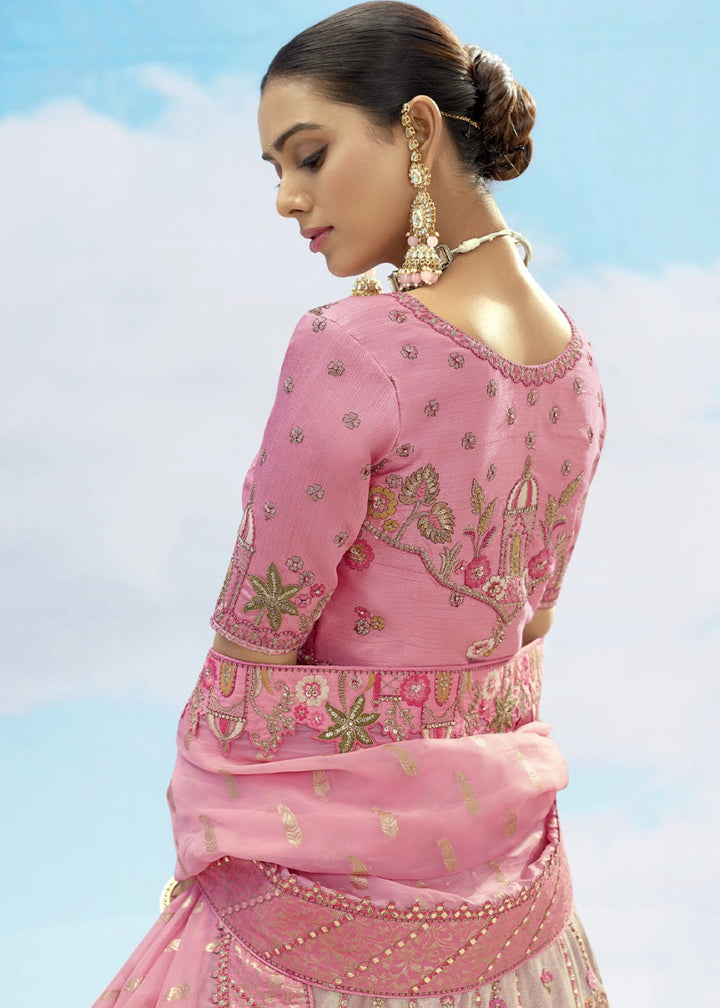 Rose Pink Banarasi Silk Lehenga Choli with Intricate Embroidery and Cut Work - House of Sarvati LLC