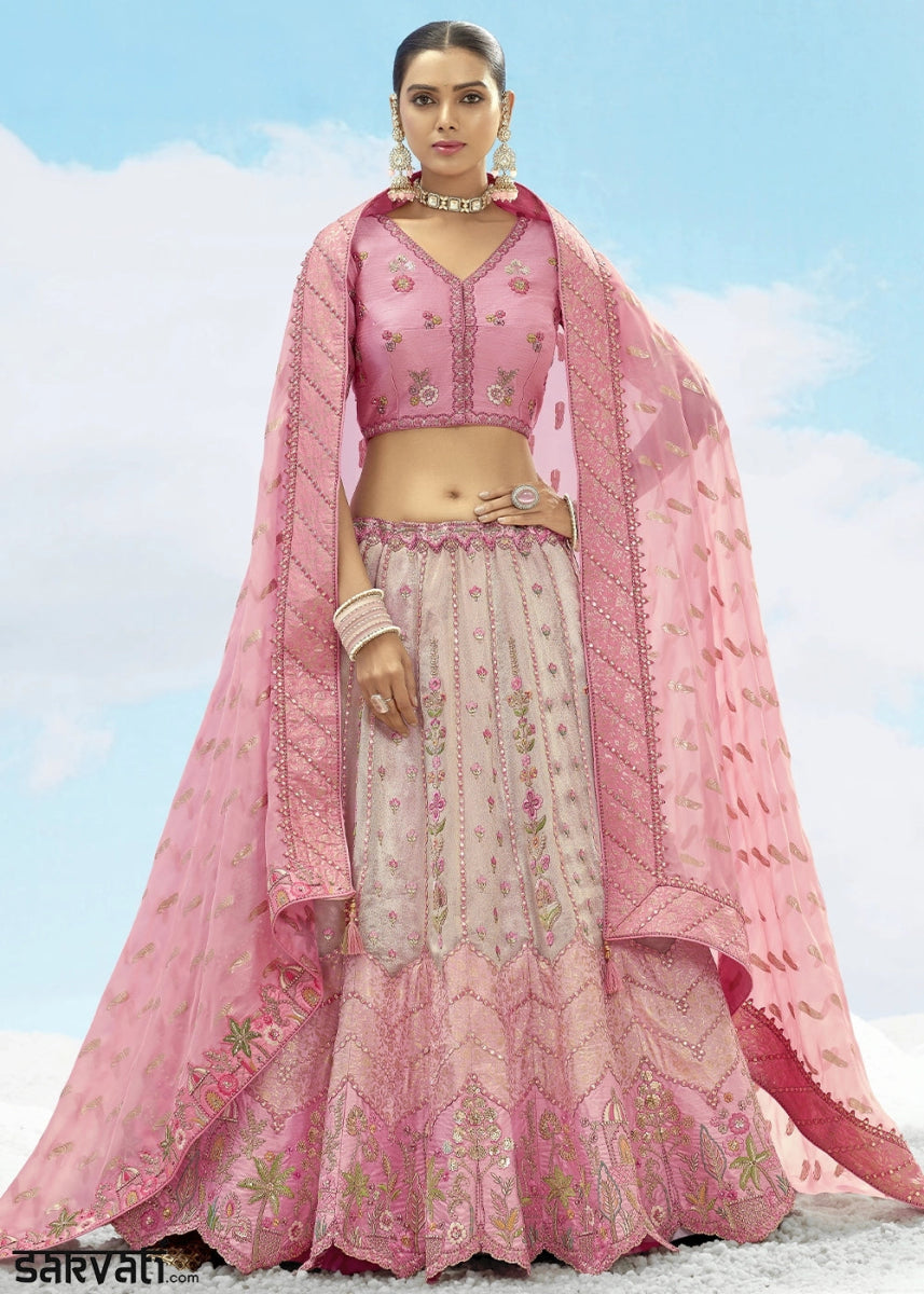 Rose Pink Banarasi Silk Lehenga Choli with Intricate Embroidery and Cut Work - House of Sarvati LLC