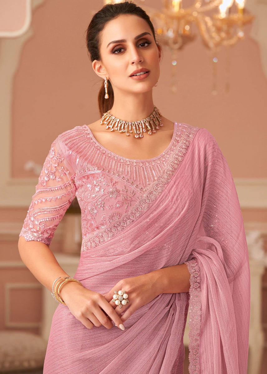 Rose Pink Embellished Georgette Saree with Designer Blouse - House of Sarvati LLC