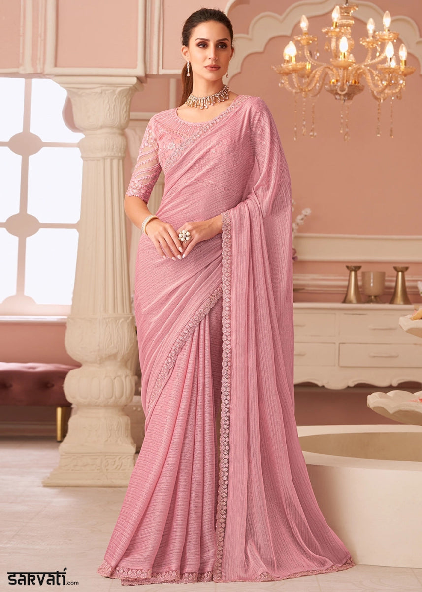 Rose Pink Embellished Georgette Saree with Designer Blouse - House of Sarvati LLC