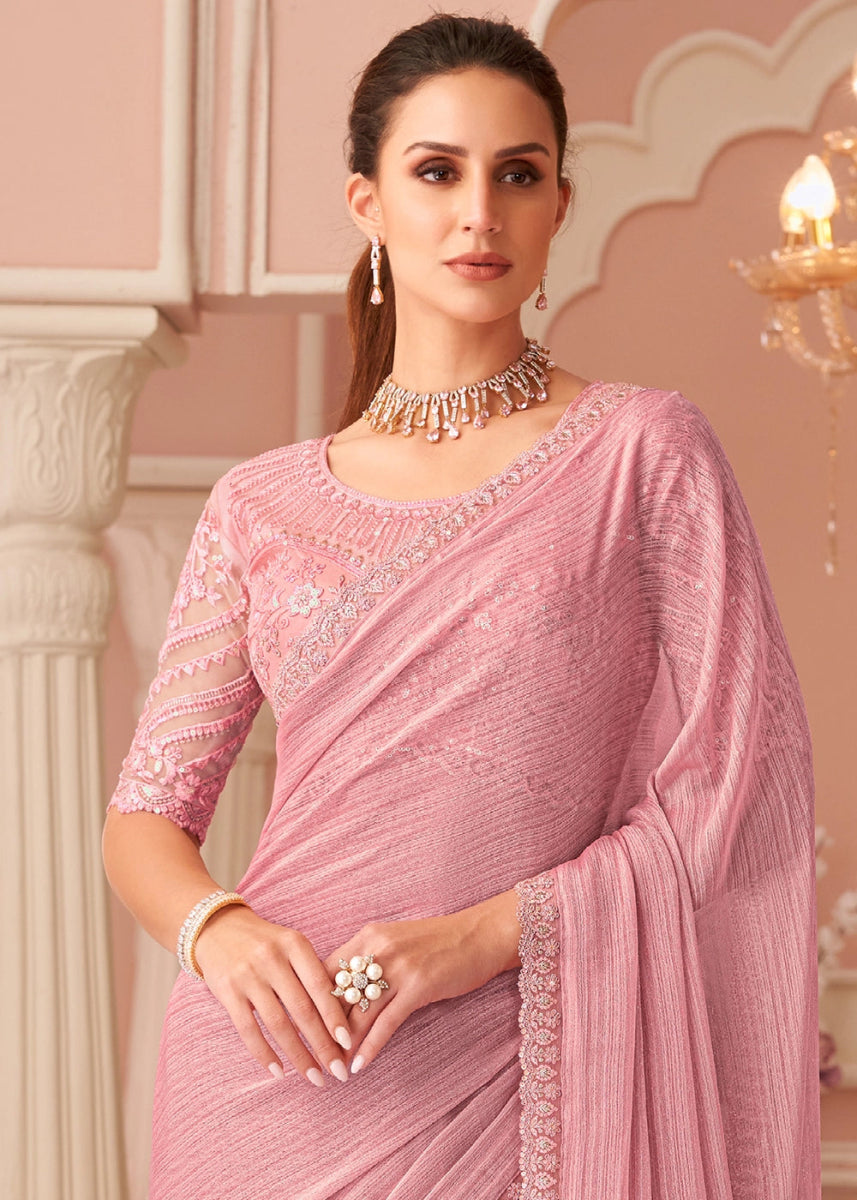 Rose Pink Embellished Georgette Saree with Designer Blouse - House of Sarvati LLC