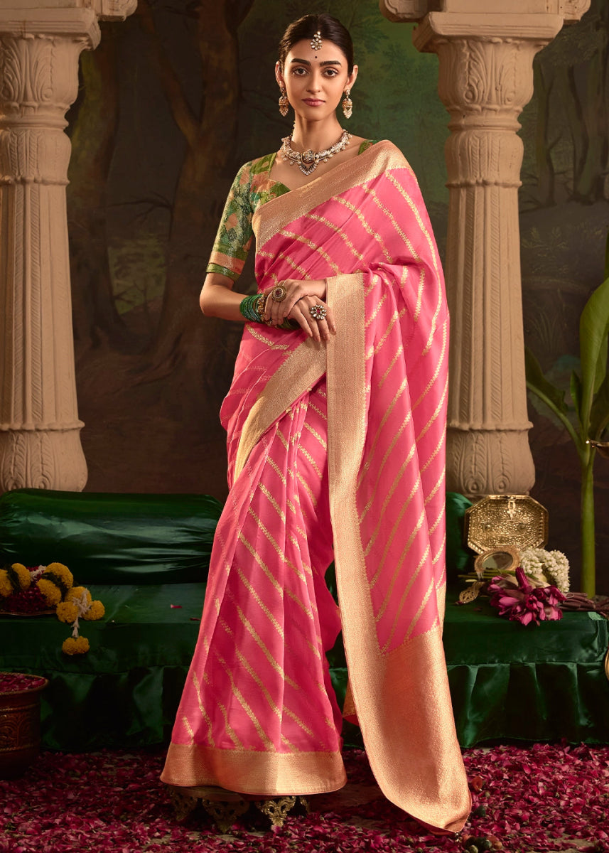 Rouge Pink Crepe Dola Silk Saree with Rich Zari Weaving - House of Sarvati LLC
