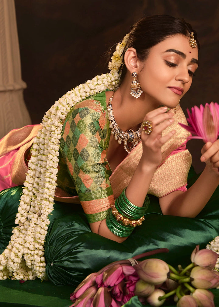 Rouge Pink Crepe Dola Silk Saree with Rich Zari Weaving - House of Sarvati LLC