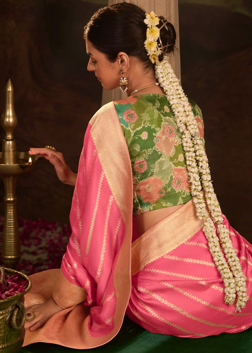 Rouge Pink Crepe Dola Silk Saree with Rich Zari Weaving - House of Sarvati LLC