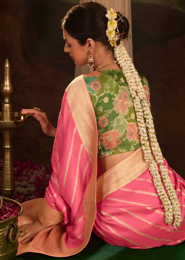 Rouge Pink Crepe Dola Silk Saree with Rich Zari Weaving - House of Sarvati LLC