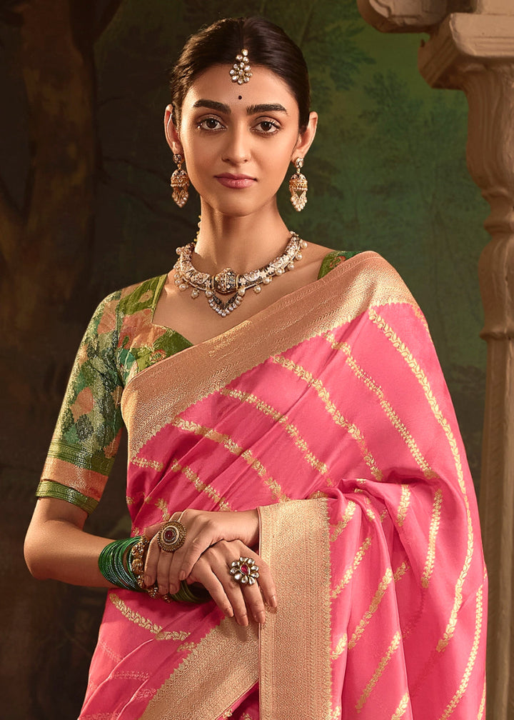 Rouge Pink Crepe Dola Silk Saree with Rich Zari Weaving - House of Sarvati LLC