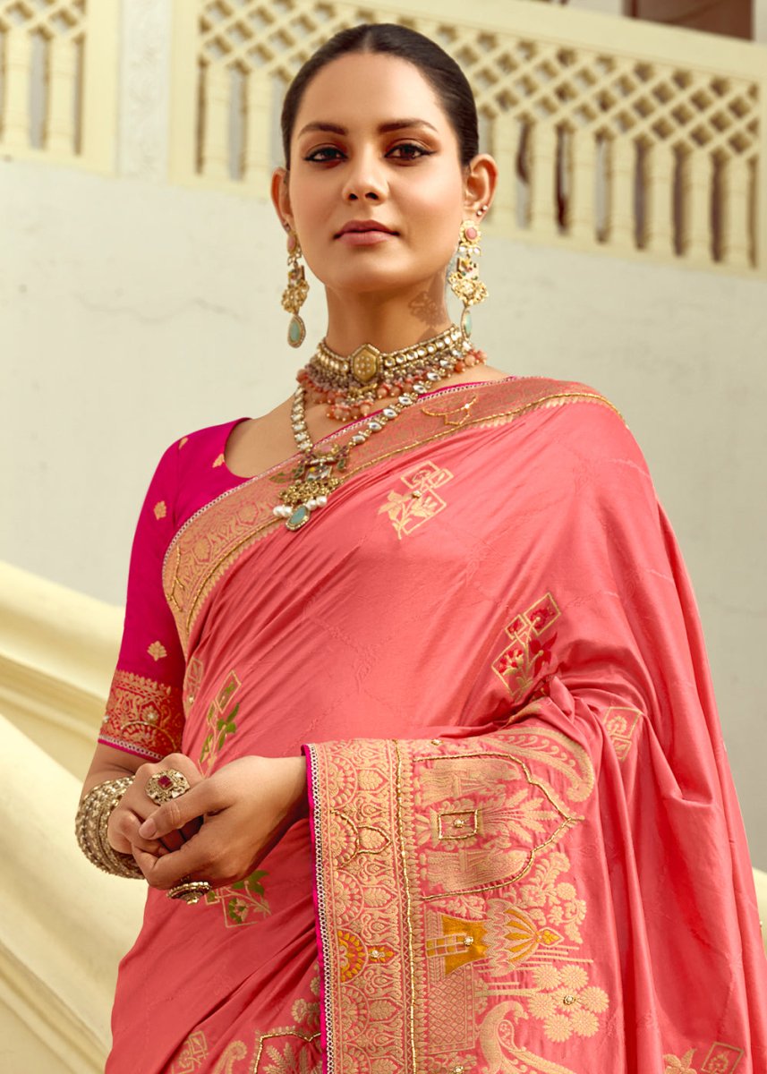 Rouge Pink Dola Silk Saree Featuring Zari Weave And Intricate Handwork With Cut Dana - House of Sarvati LLC