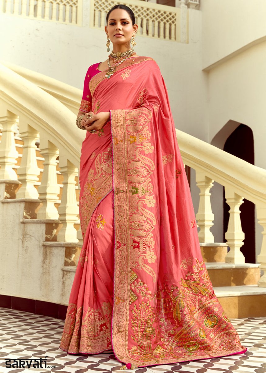 Rouge Pink Dola Silk Saree Featuring Zari Weave And Intricate Handwork With Cut Dana - House of Sarvati LLC