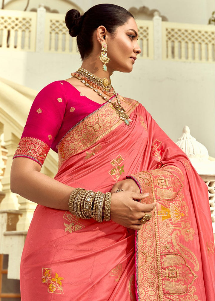Rouge Pink Dola Silk Saree Featuring Zari Weave And Intricate Handwork With Cut Dana - House of Sarvati LLC
