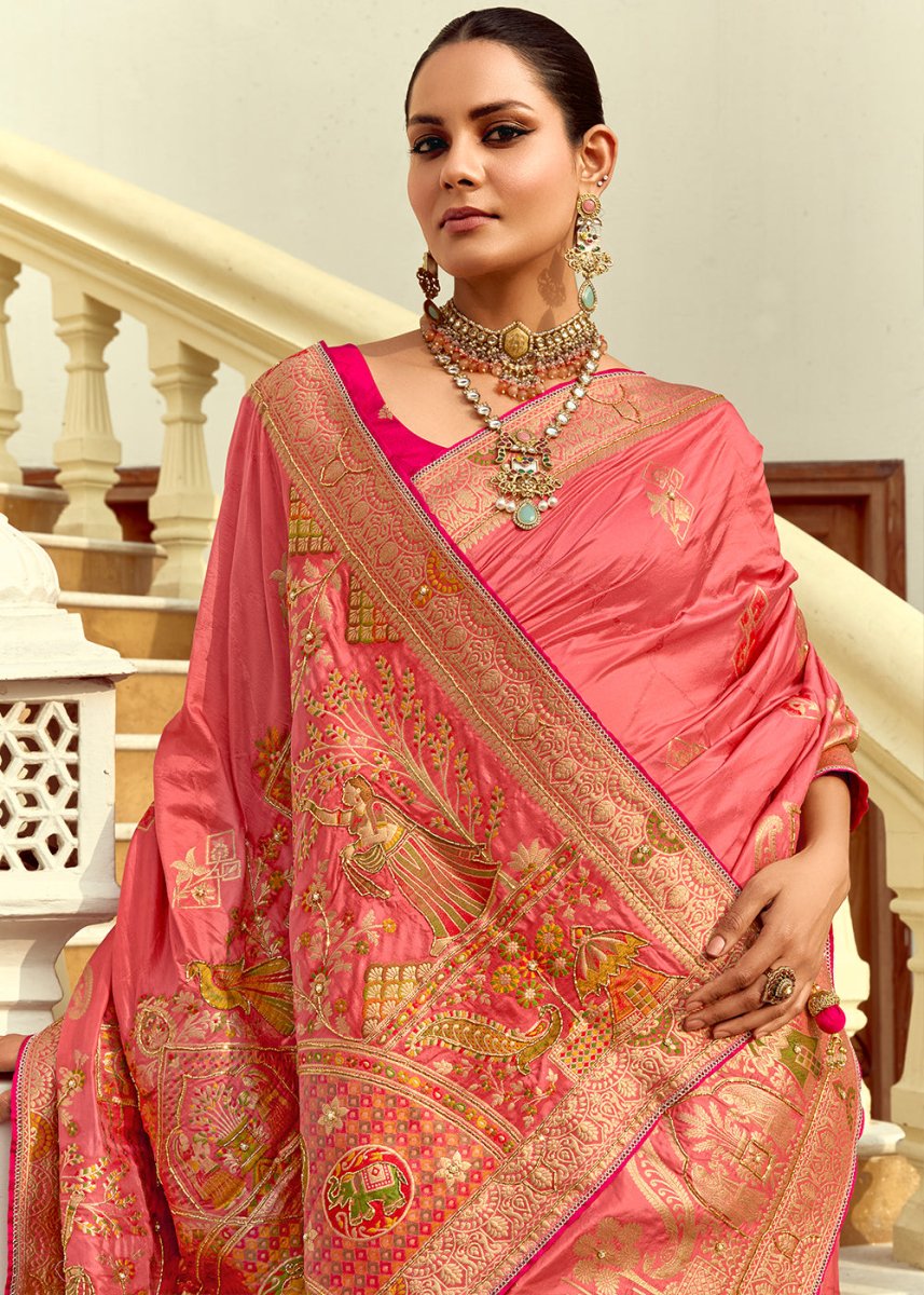 Rouge Pink Dola Silk Saree Featuring Zari Weave And Intricate Handwork With Cut Dana - House of Sarvati LLC