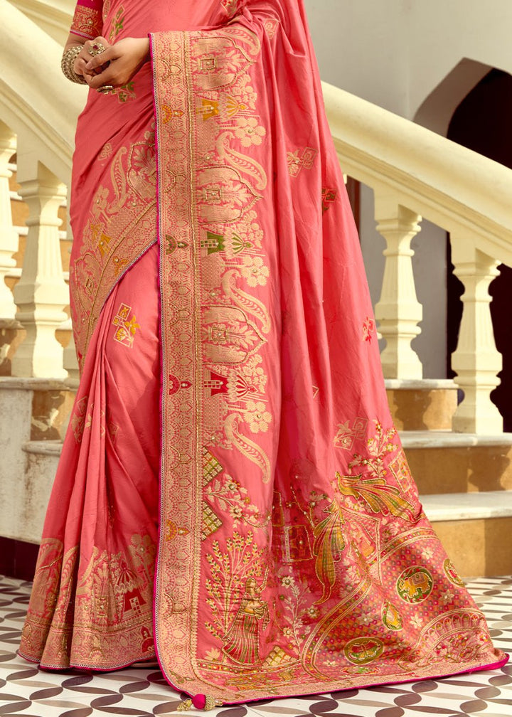 Rouge Pink Dola Silk Saree Featuring Zari Weave And Intricate Handwork With Cut Dana - House of Sarvati LLC
