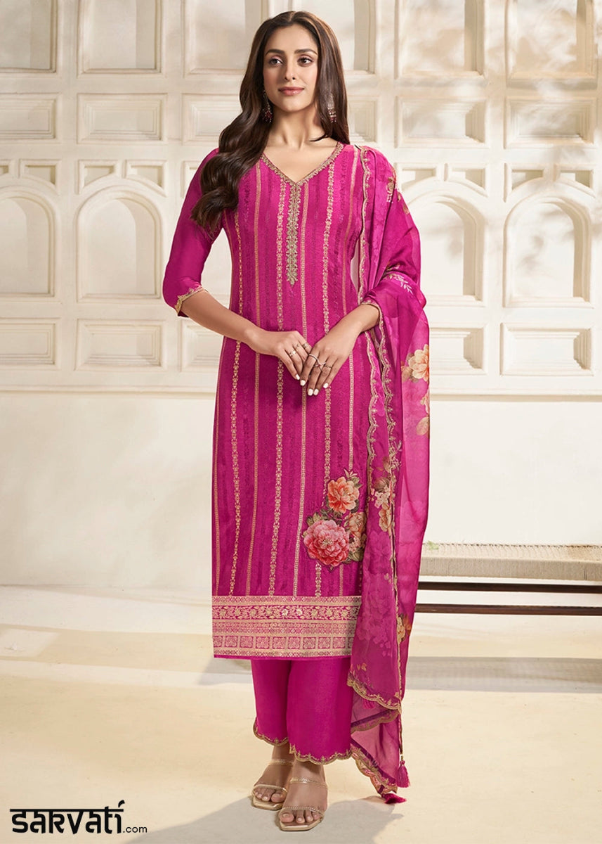 Rouge Pink Dola Silk Sharara Suit with Intricate Jacquard Detailing - House of Sarvati LLC