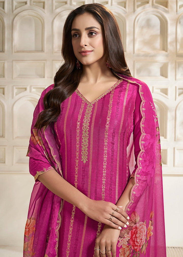 Rouge Pink Dola Silk Sharara Suit with Intricate Jacquard Detailing - House of Sarvati LLC