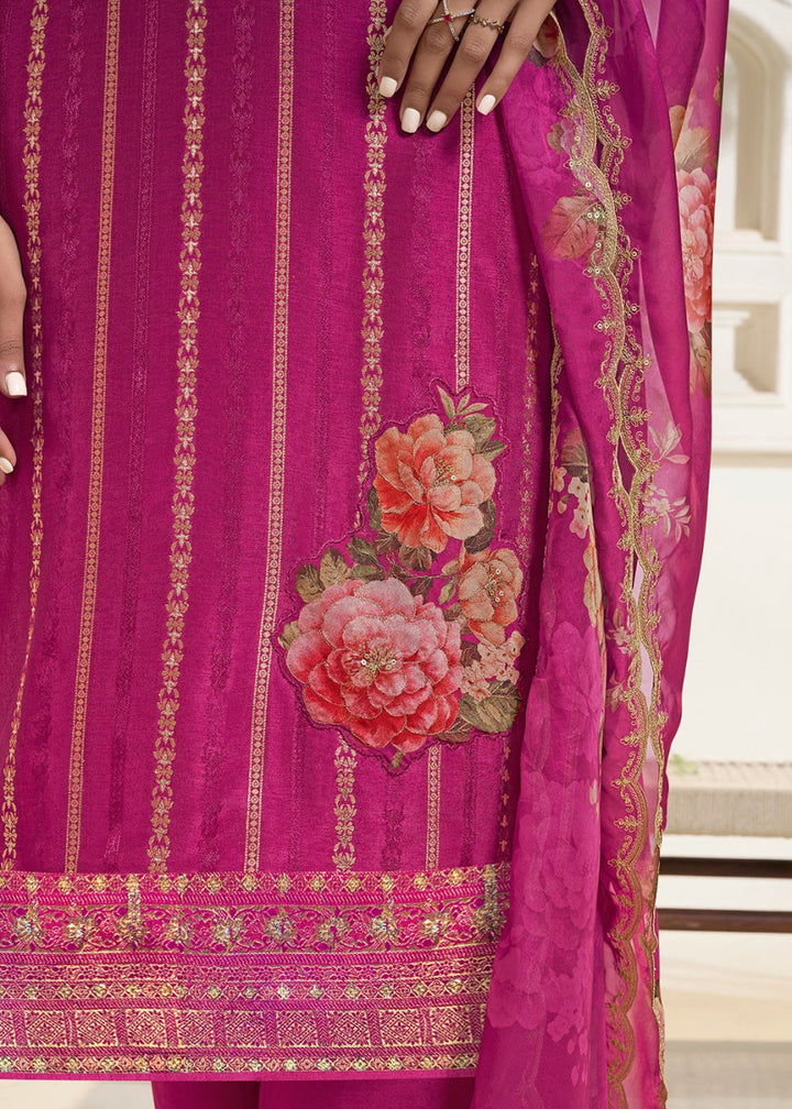 Rouge Pink Dola Silk Sharara Suit with Intricate Jacquard Detailing - House of Sarvati LLC